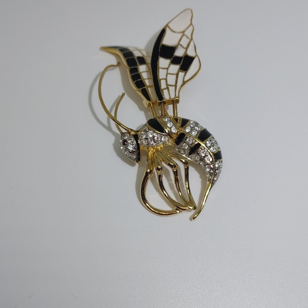 Stunningly Unique Trembler Wasp Brooch with "Stained Glass" Wings & Gold Accents
